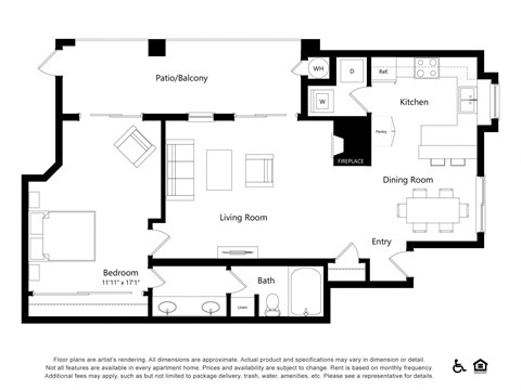 Floor plan for 1 bed, 1 bath, 954 sqft